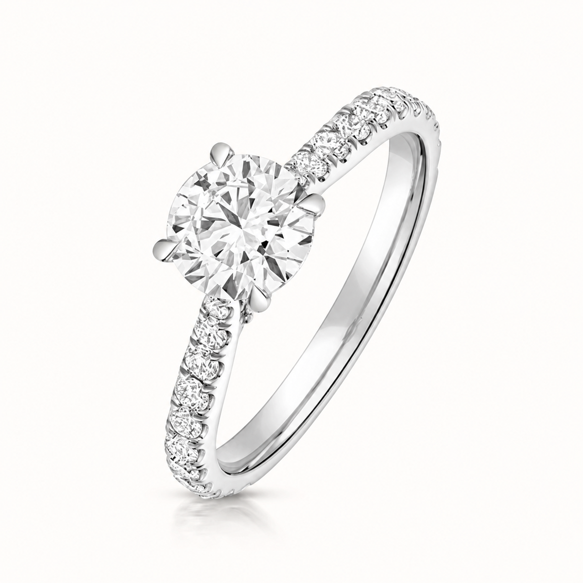 18ct Gold 1.00ct Round Lab Diamond Solitaire Engagement Ring with Diamond Shoulders white gold front view