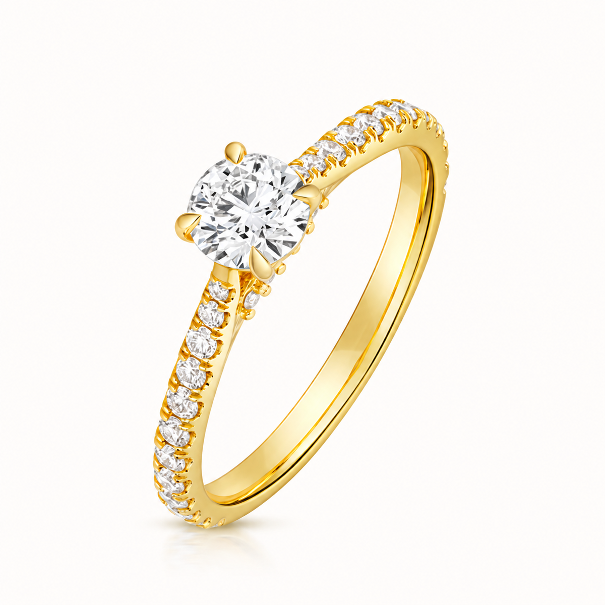 18ct Gold 1.25ct Round Lab Diamond Solitaire Engagement Ring with Diamond Shoulders yellow gold front view