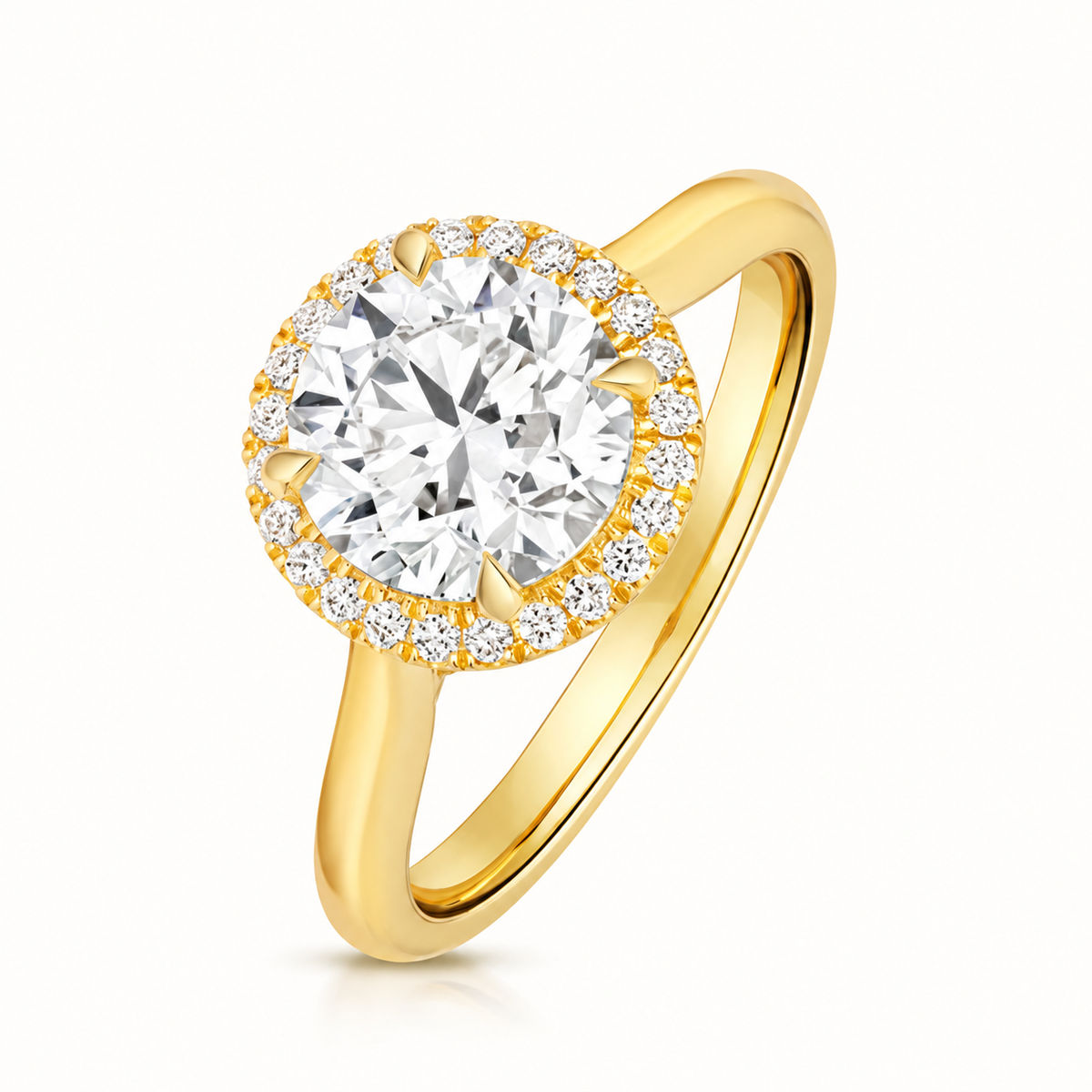 18ct Gold 2.00ct Round Lab Diamond Halo Engagement Ring yellow gold front view