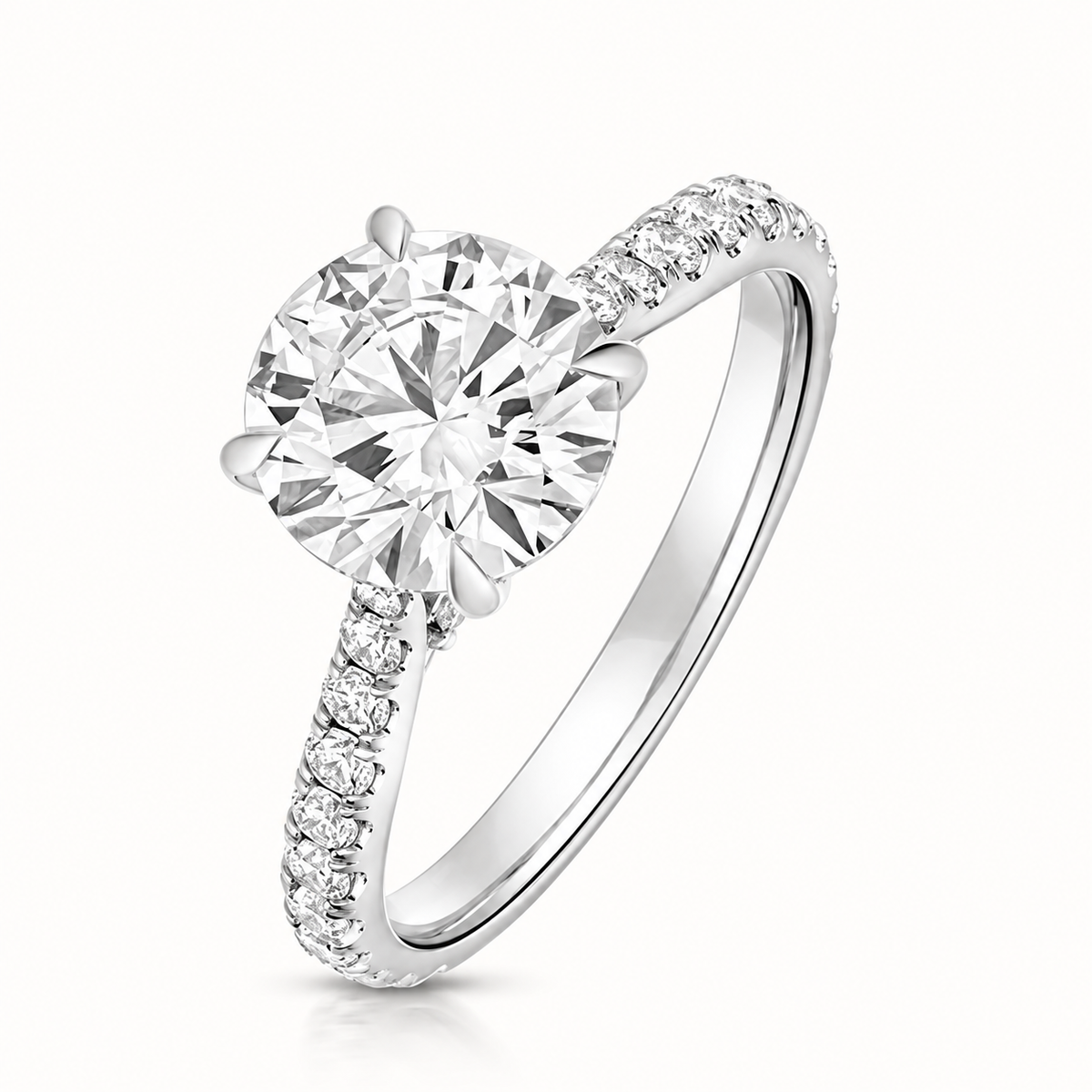 18ct Gold 2.00ct Round Lab Diamond Solitaire Engagement Ring with Diamond Shoulders white gold front view