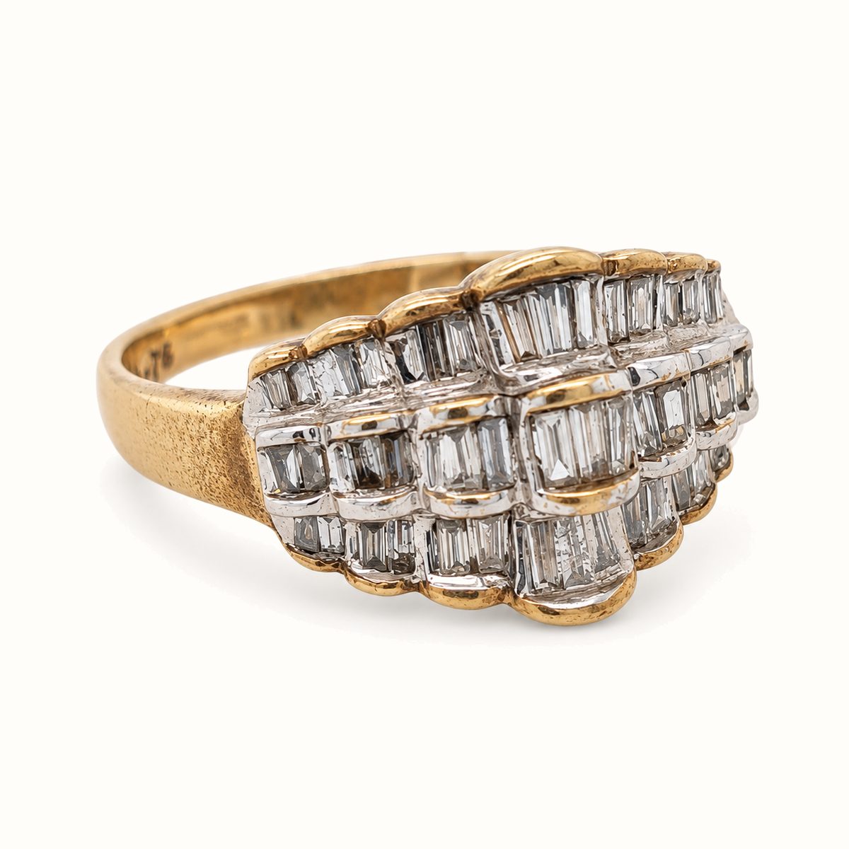 9ct Yellow Gold Diamond Ring with 0.75ct diamonds, size R, on an ivory background