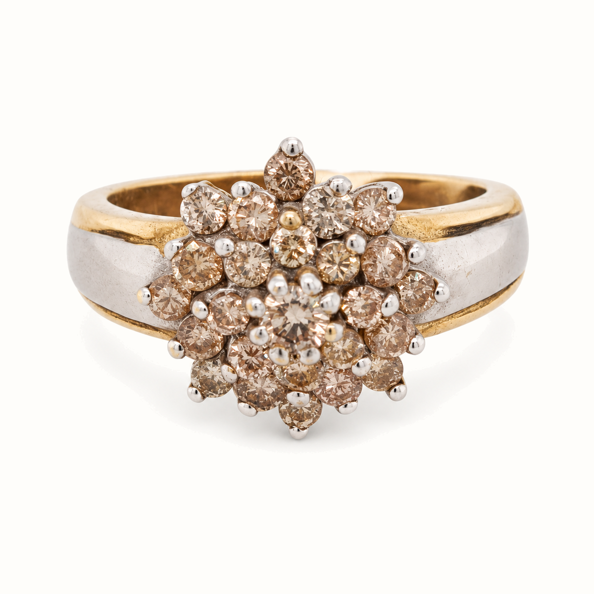 9ct Yellow Gold Diamond Ring with 1ct diamonds, size R, on an ivory background