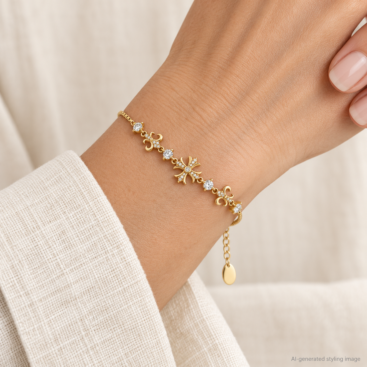 Gold Plated Sterling Silver CZ Fleur Cross Bracelet – ABB264-GP worn on wrist — AI-generated styling image