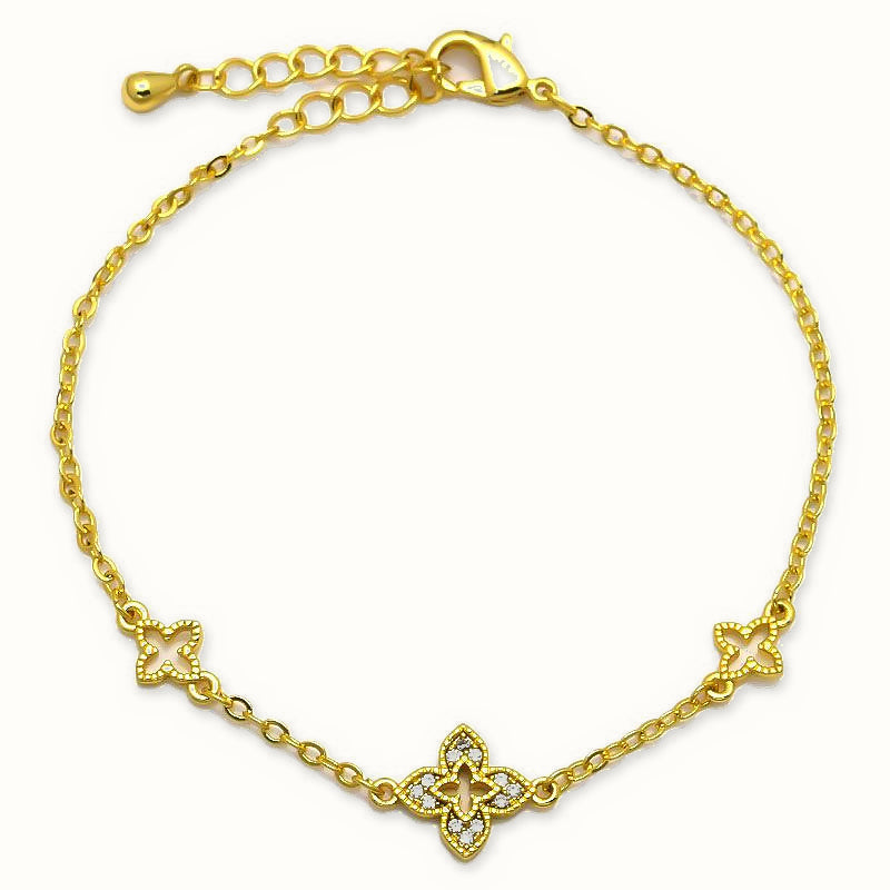 Gold Plated Sterling Silver CZ Clover Bracelet - ABB265-GP