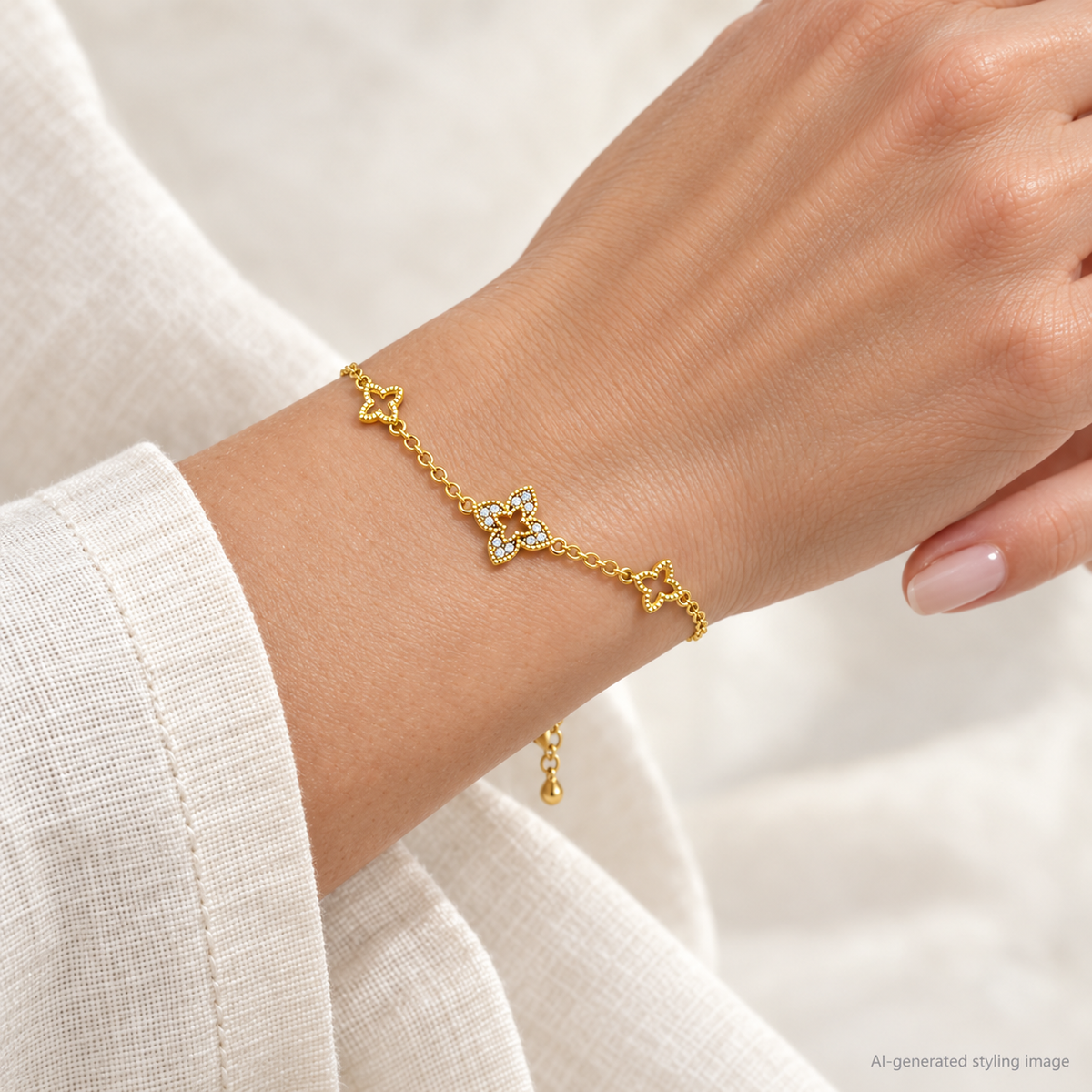 Gold Plated Sterling Silver CZ Clover Bracelet – ABB265-GP worn on wrist — AI-generated styling image