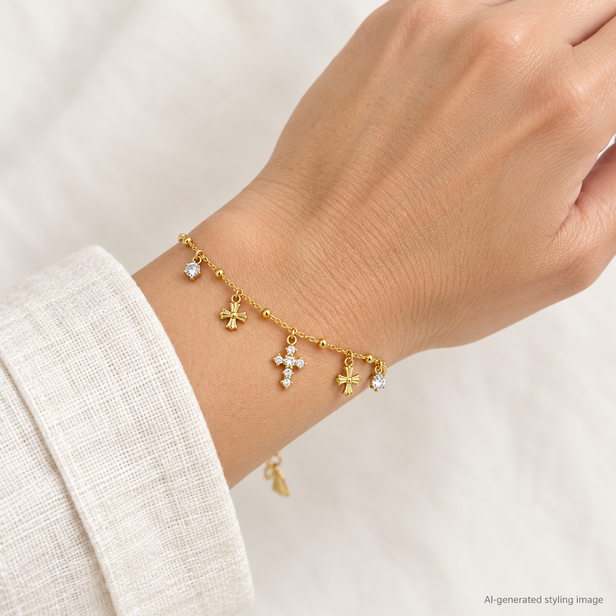 Gold Plated Sterling Silver CZ Cross Charm Bracelet – ABB266-GP worn on wrist — AI-generated styling image