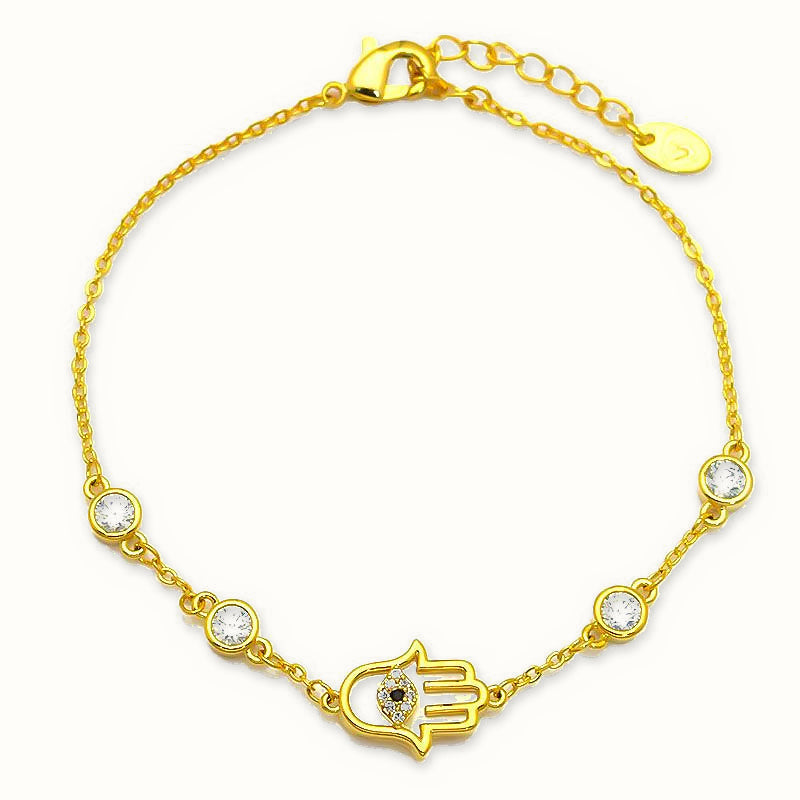 Gold Plated Sterling Silver CZ Hamsa Bracelet - ABB268-GP