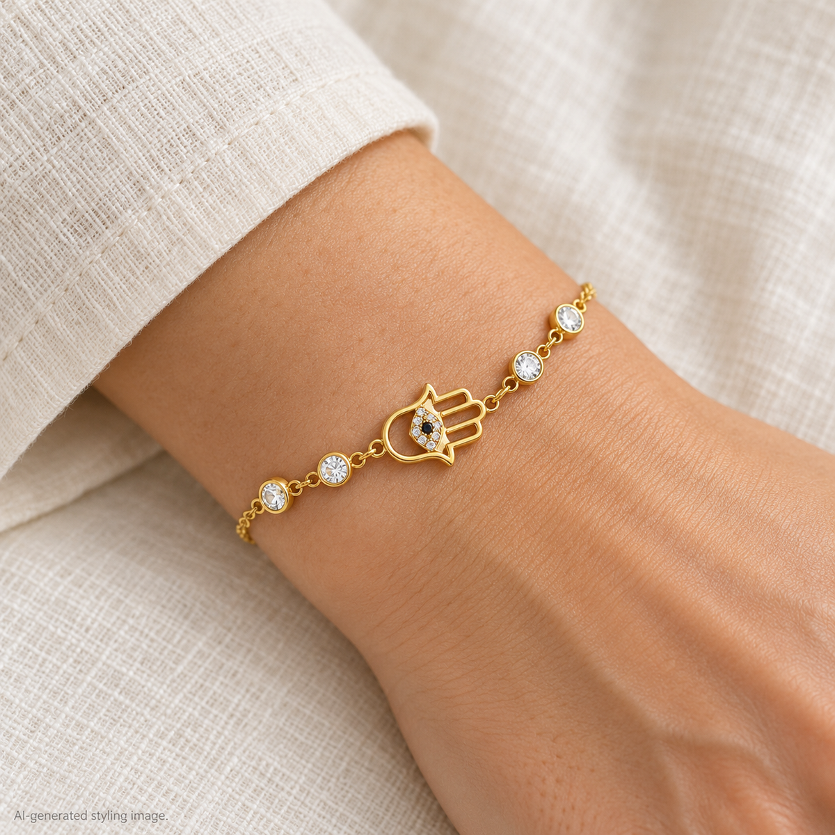 Gold Plated Sterling Silver CZ Hamsa Bracelet – ABB268-GP worn — AI-generated styling image