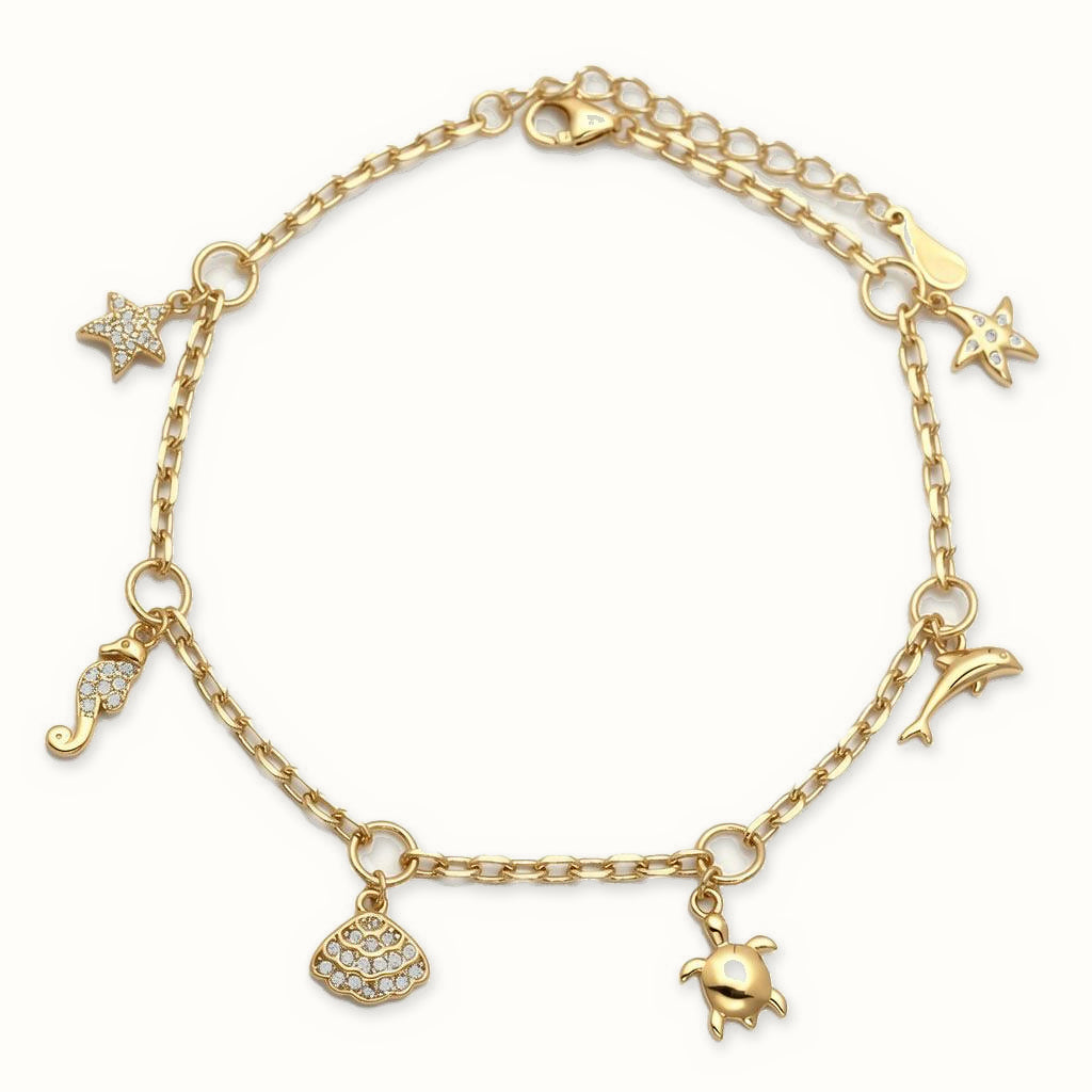 Gold Plated Sterling Silver CZ Sea Life Charm Bracelet - ABB270-GP