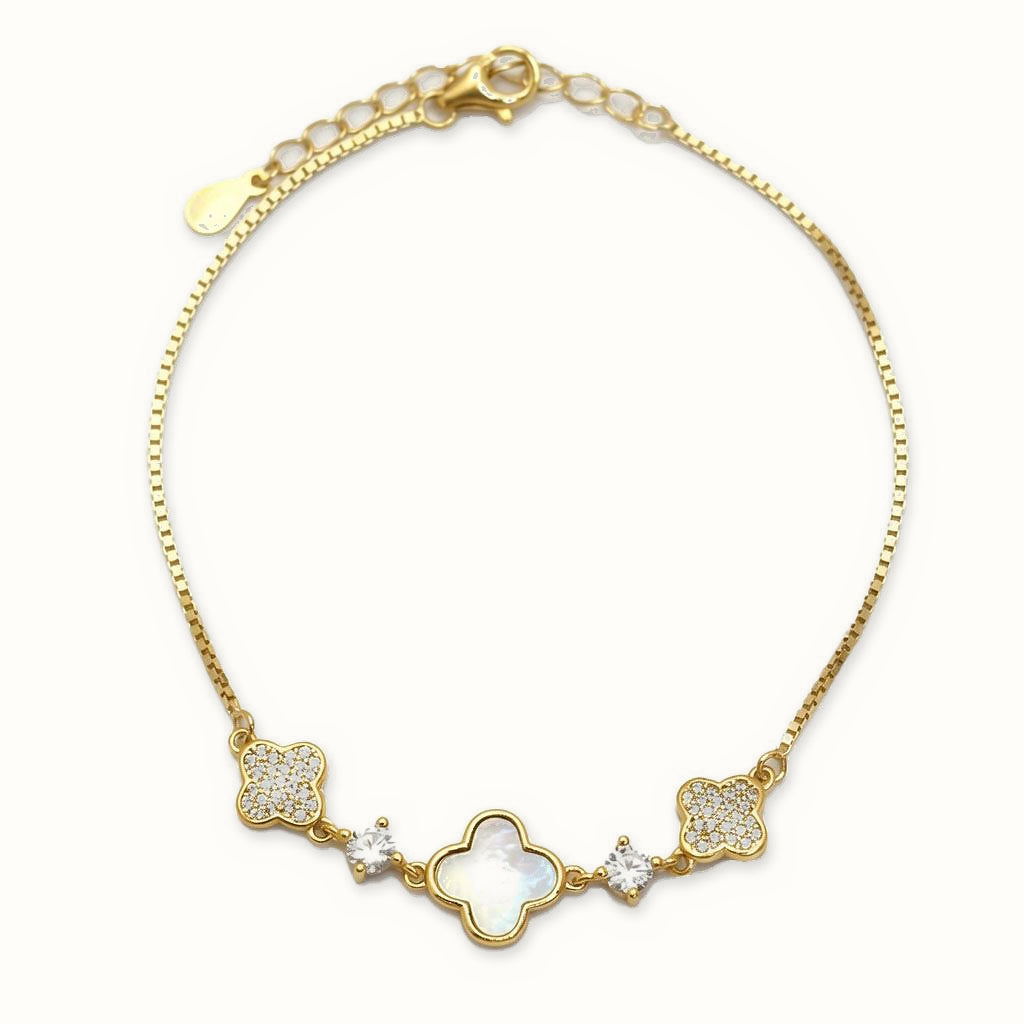 Gold Plated Sterling Silver Mother Of Pearl Clover Bracelet - ABB271-GP