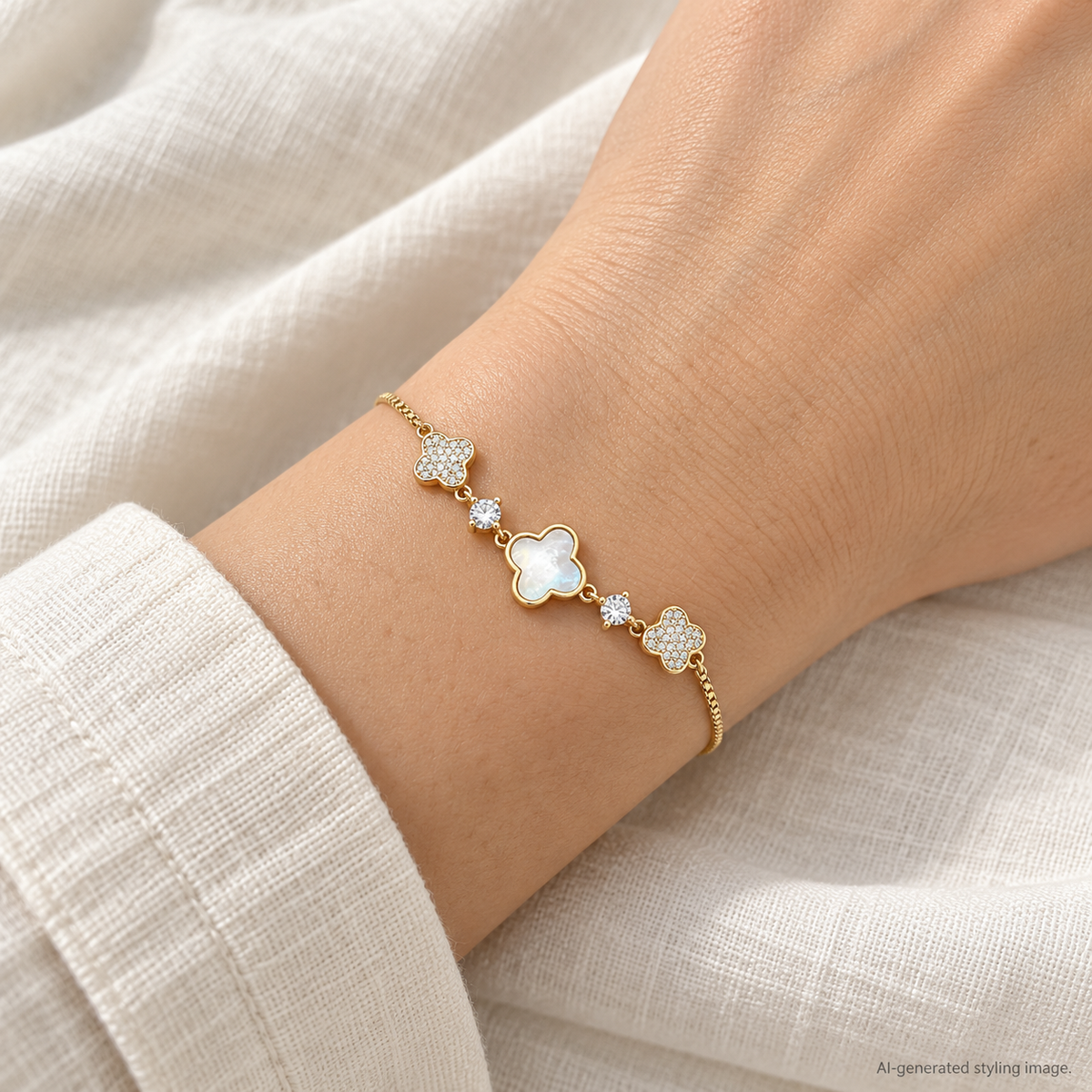 Gold Plated Sterling Silver Mother Of Pearl Clover Bracelet – ABB271-GP worn — AI-generated styling image