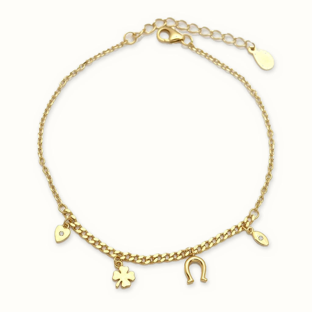 Gold Plated Sterling Silver Clover Horseshoe Charm Bracelet - ABB272-GP