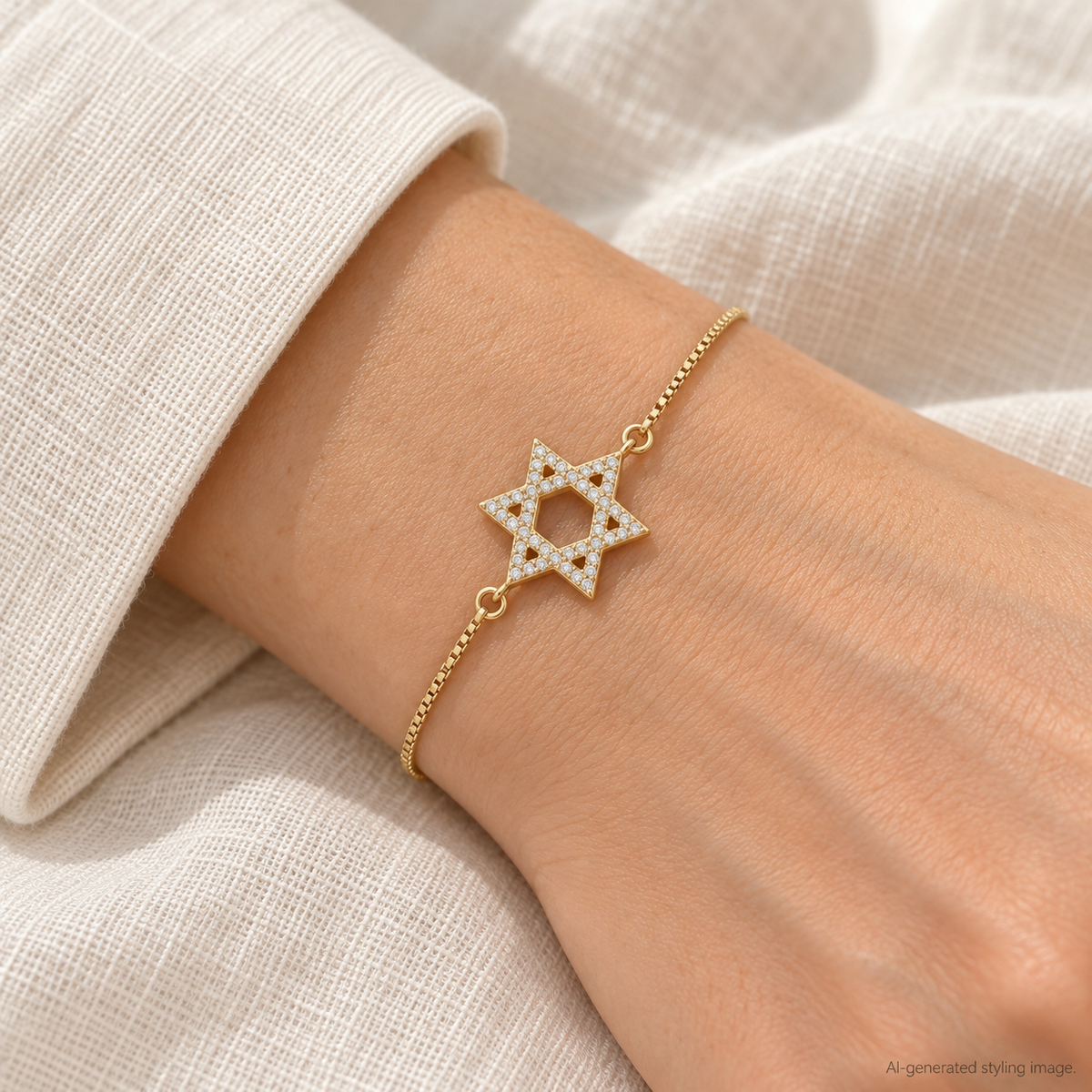 Gold Plated Sterling Silver CZ Star Of David Bracelet – ABB273-GP worn — AI-generated styling image