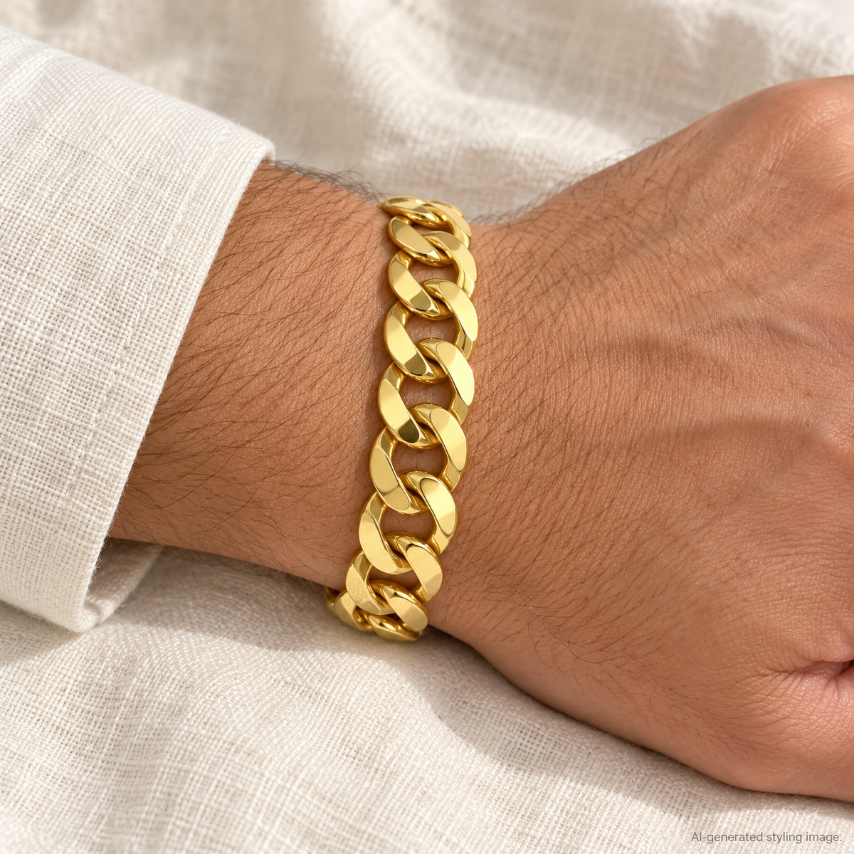 Gold Plated Sterling Silver Traditional Curb Link 20mm Gauge Bracelet – ACN006Q-GP-9 worn — AI-generated styling image