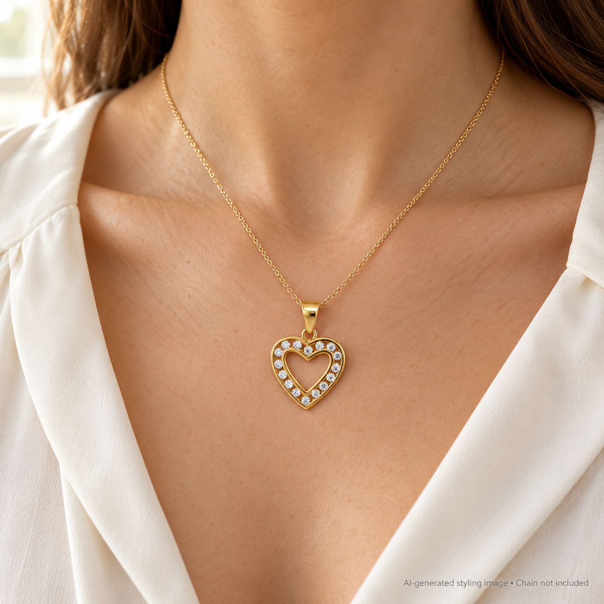 AI-generated styling image; chain not included. Gold Plated Sterling Silver CZ Set Heart Pendant – APD204-GP