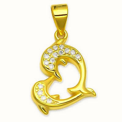 Gold Plated Sterling Silver CZ Dolphin Heart Pendant - APD242-GP