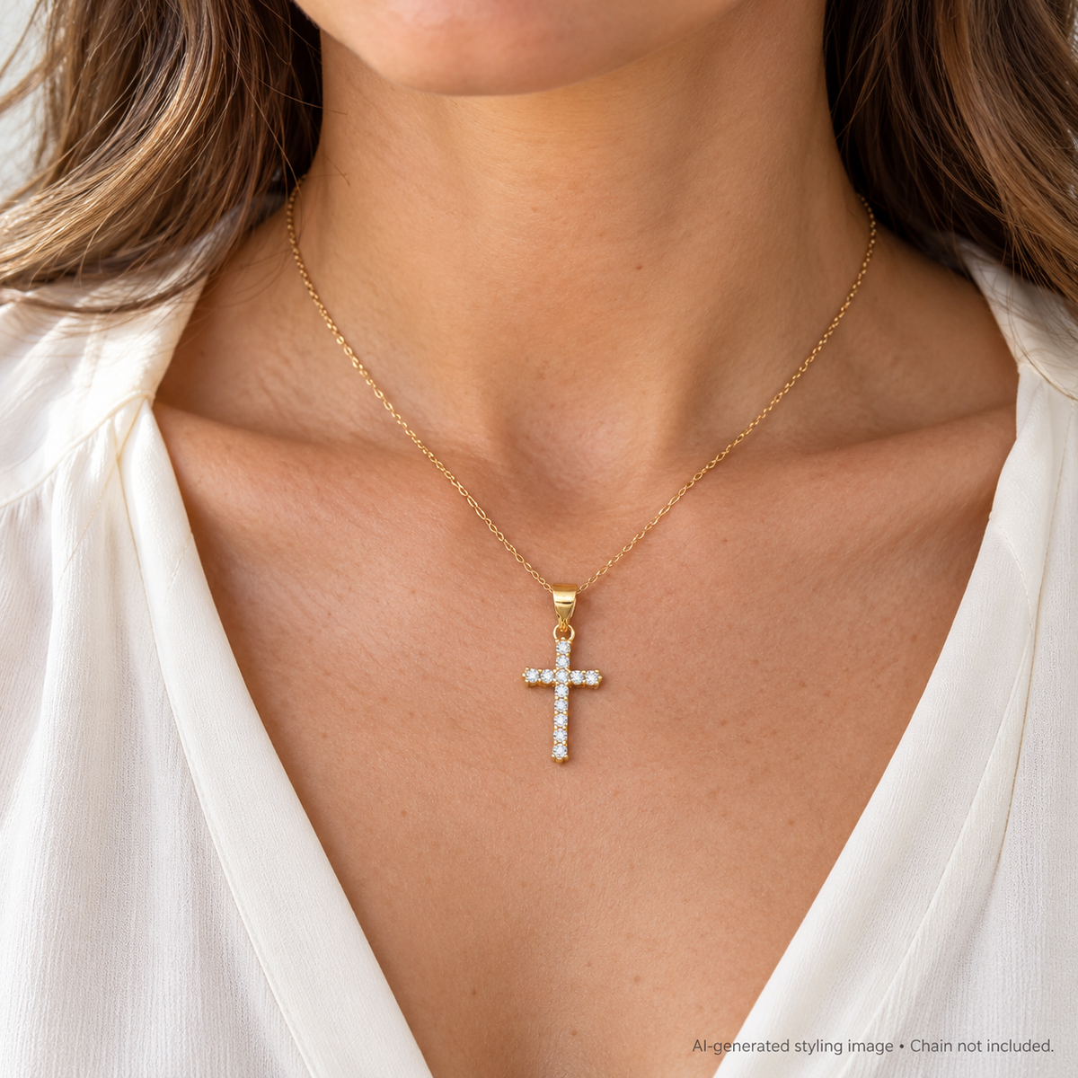Gold Plated Sterling Silver CZ Cross Pendant worn — AI-generated styling image; chain not included