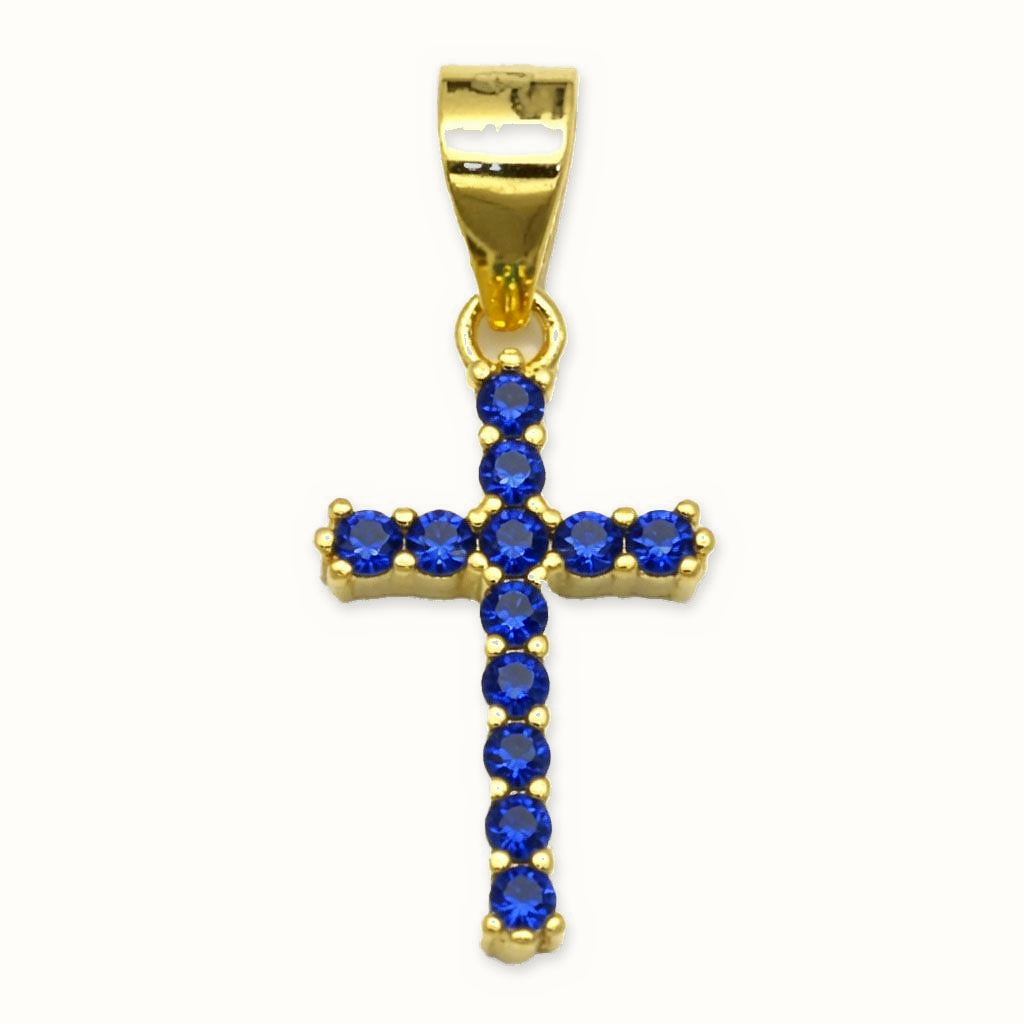 Gold Plated Sterling Silver Blue CZ Cross Pendant - APX065B-GP