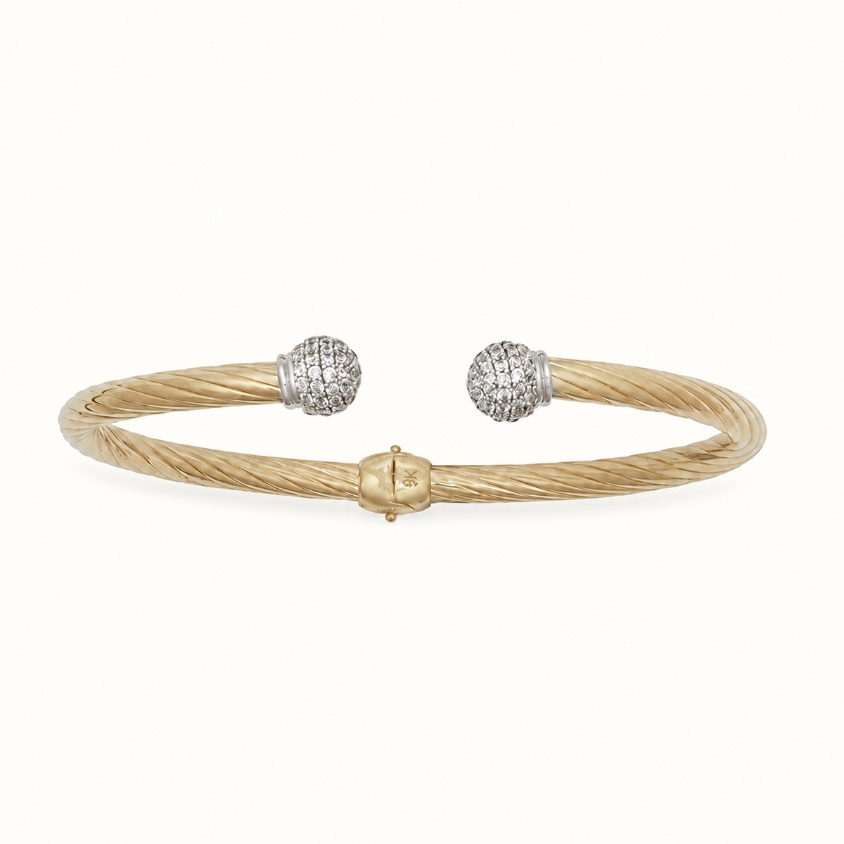 9ct Yellow Gold Torque Bangle – 4mm Hollow Twist CZ Hinged Ladies
