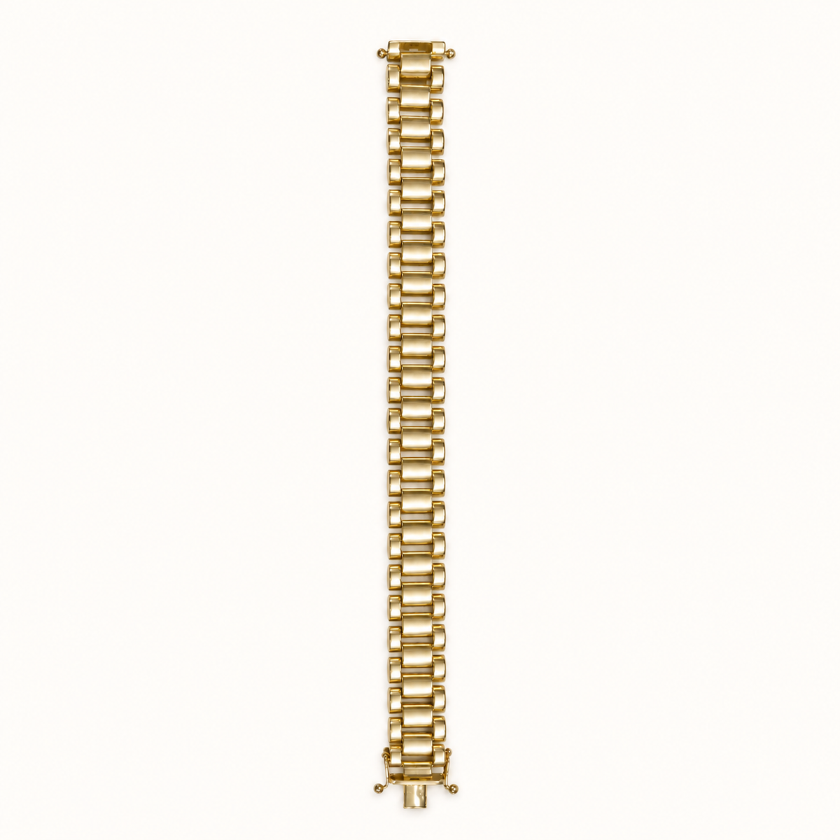 9ct yellow gold plain Presidential bracelet, full length on square ivory