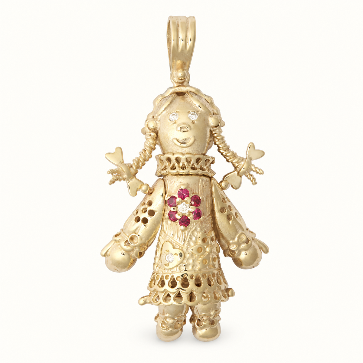 9ct Yellow Gold CZ Moveable Ragdoll Pendant – 43mm