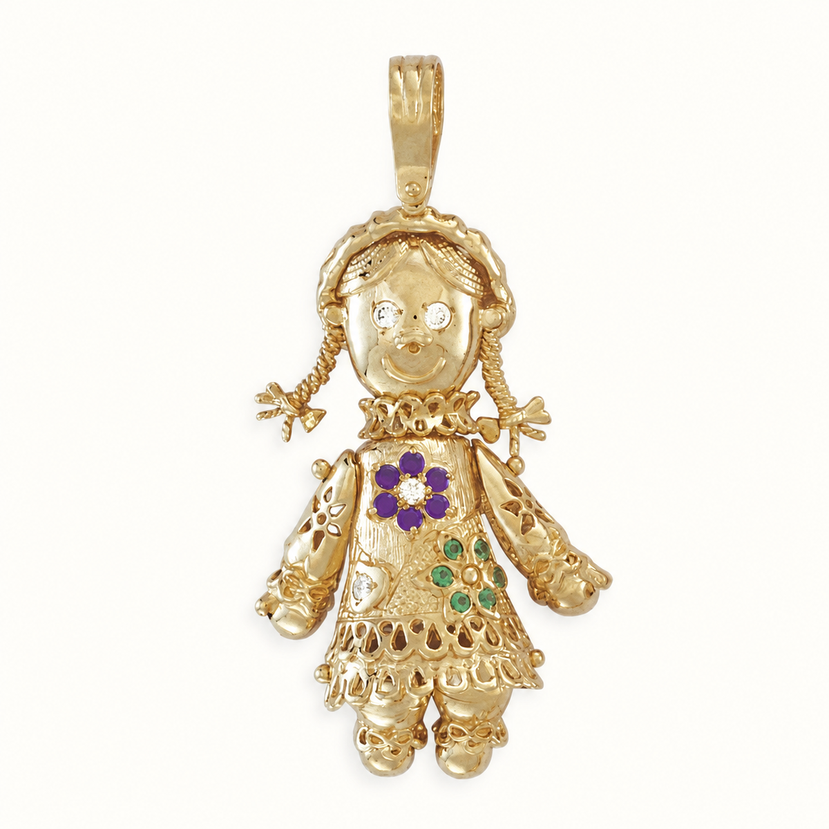 9ct Yellow Gold CZ Moveable Ragdoll Pendant – 57.6mm