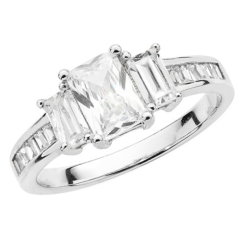 Sterling Silver CZ Trilogy Emerald Cut Ring - G7484