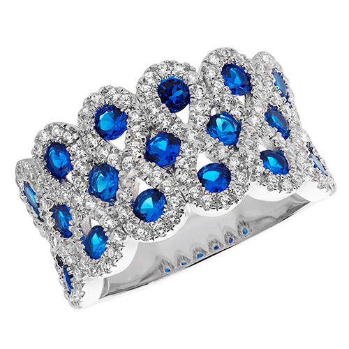 Sterling Silver 3 Row Blue CZ Ring - G7494