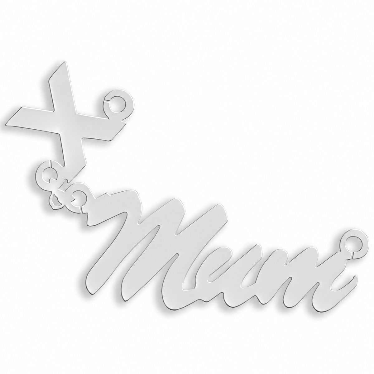 9ct white gold Script Floating Kiss Nameplate example with name the centrepiece. The Script Floating Kiss nameplate is personalised in 9ct yellow or white gold, with a loop at each end for a chain