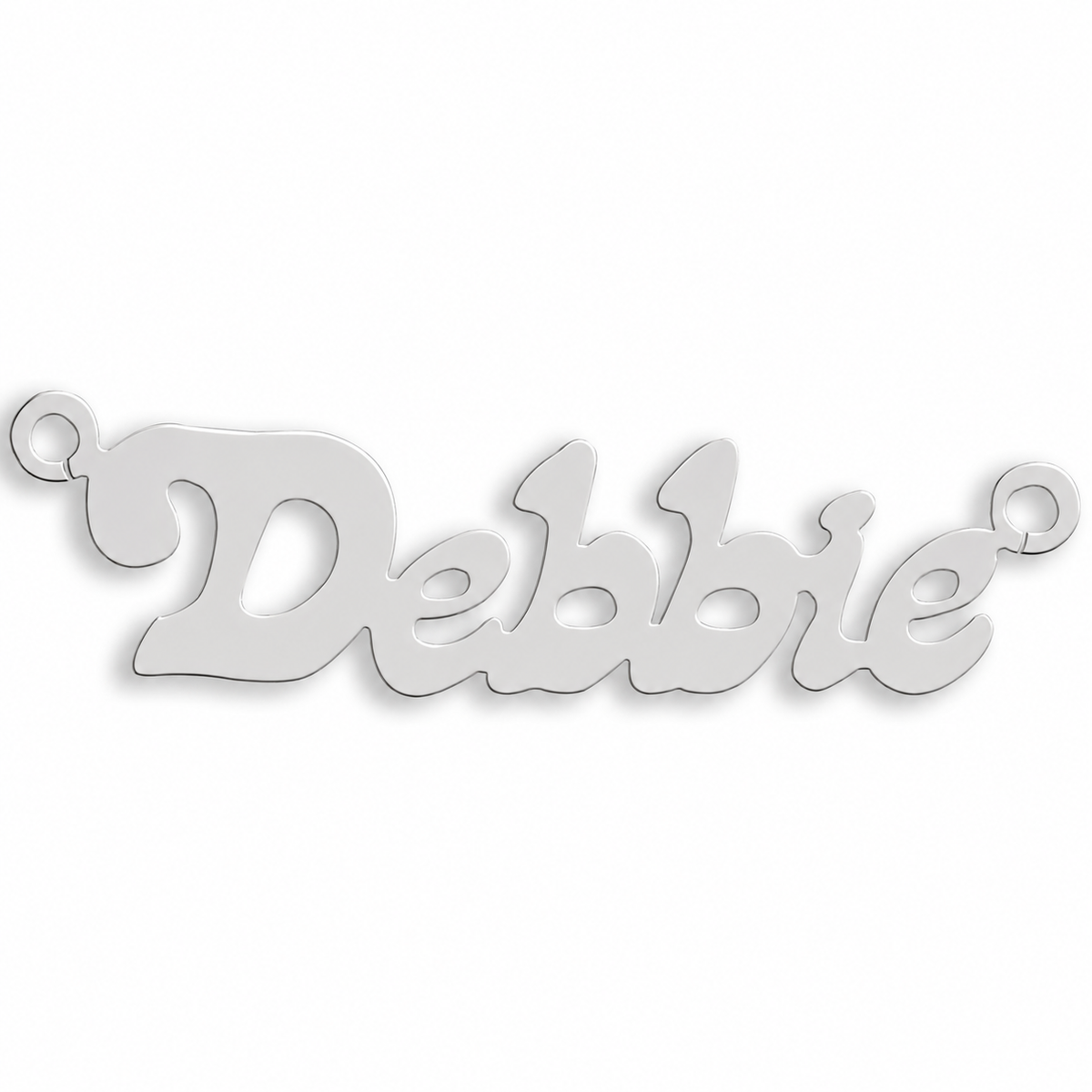 9ct white gold Small Lazybones Nameplate example with name the centrepiece. The Small Lazybones nameplate is personalised in 9ct yellow or white gold, with a loop at each end for a chain