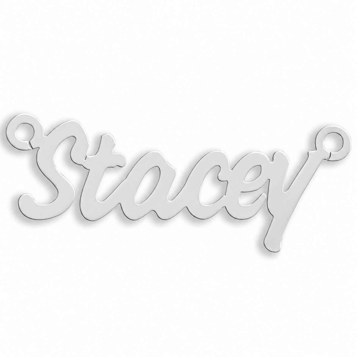 9ct white gold Small Challenge Nameplate example with name the centrepiece. The Small Challenge nameplate is personalised in 9ct yellow or white gold, with a loop at each end for a chain