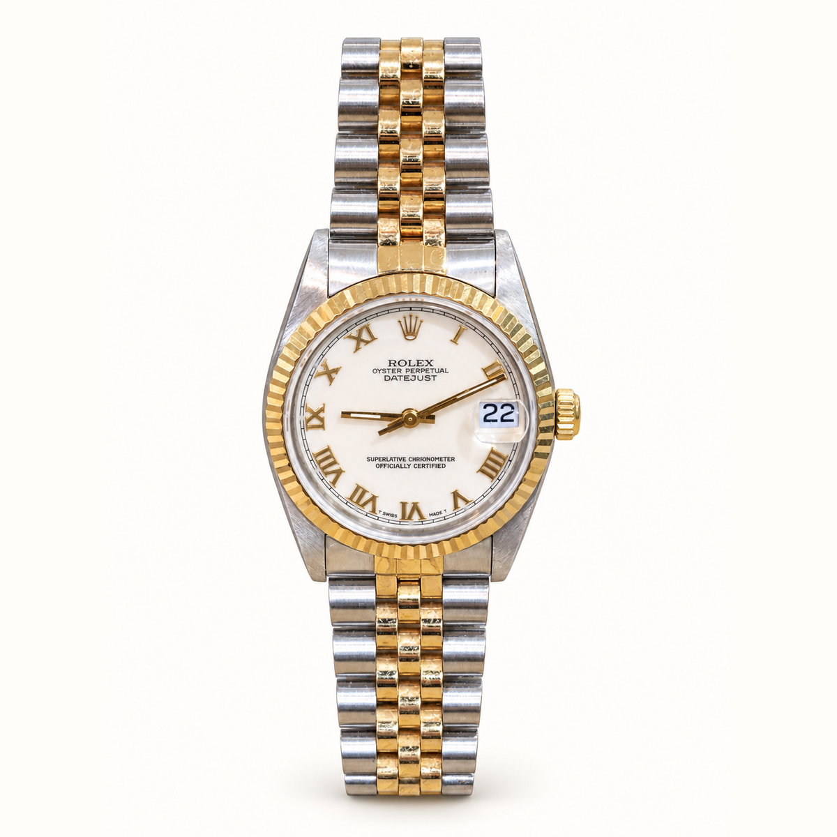 Pre-owned Rolex Datejust 68273 31 mm on full square ivory background