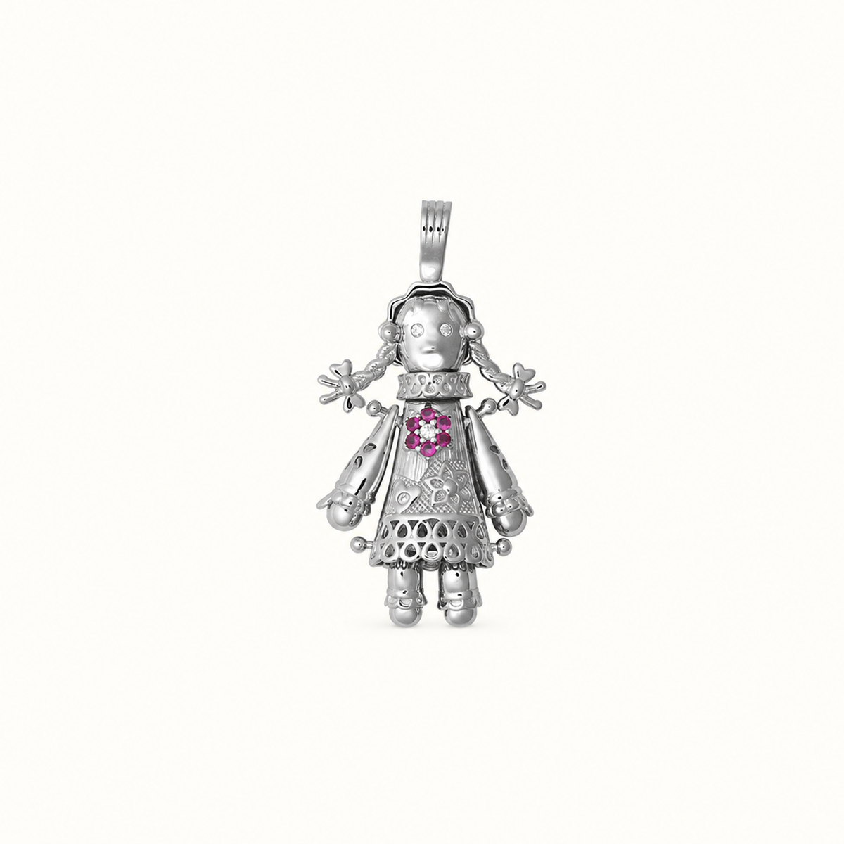 Sterling Silver CZ Moveable Ragdoll Pendant – 41mm