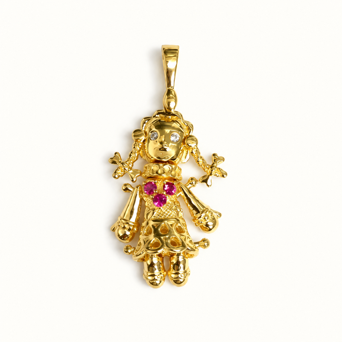 Gold Plated Sterling Silver CZ Moveable Ragdoll Pendant – 34mm