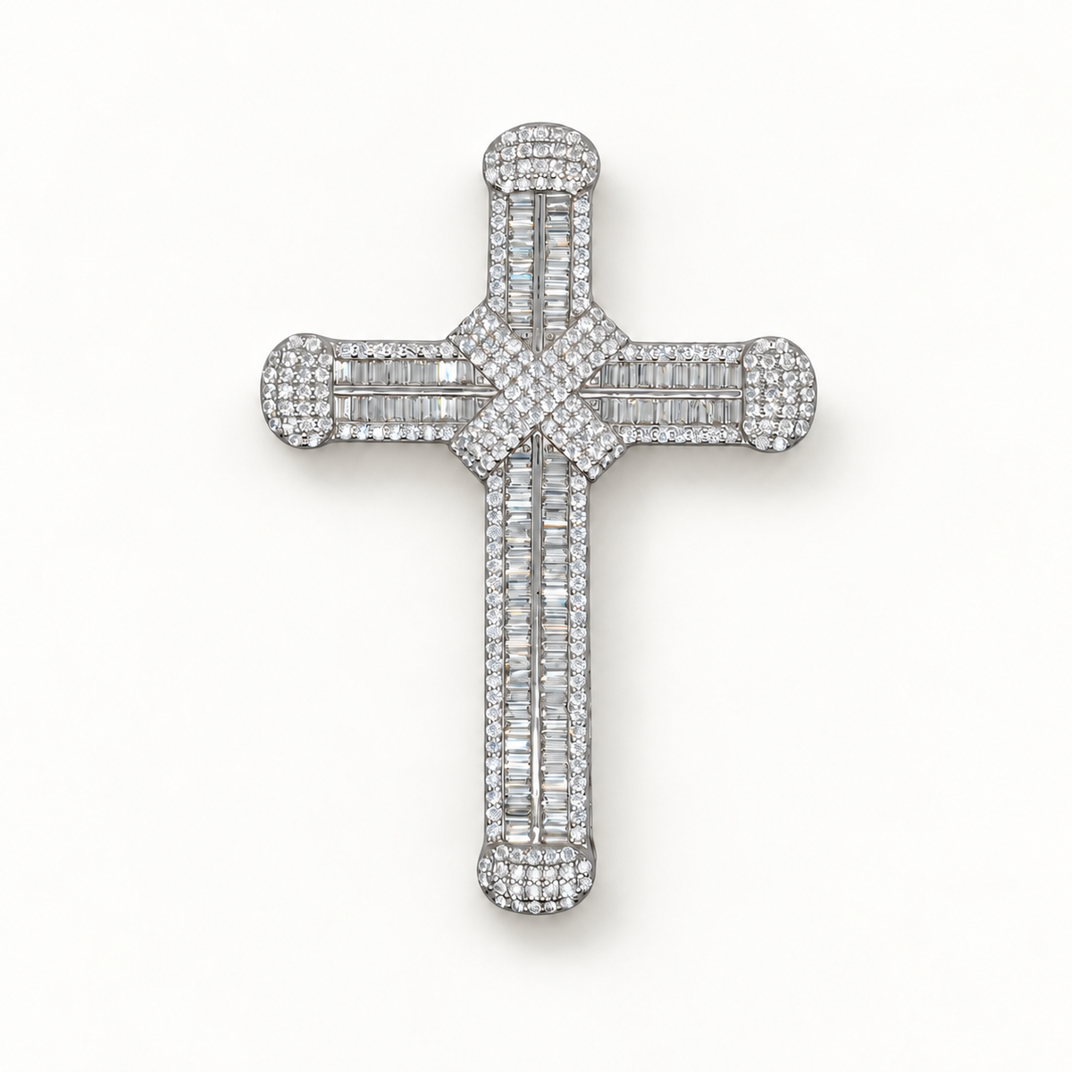 Silver CZ Cross 2 on neutral ivory studio background