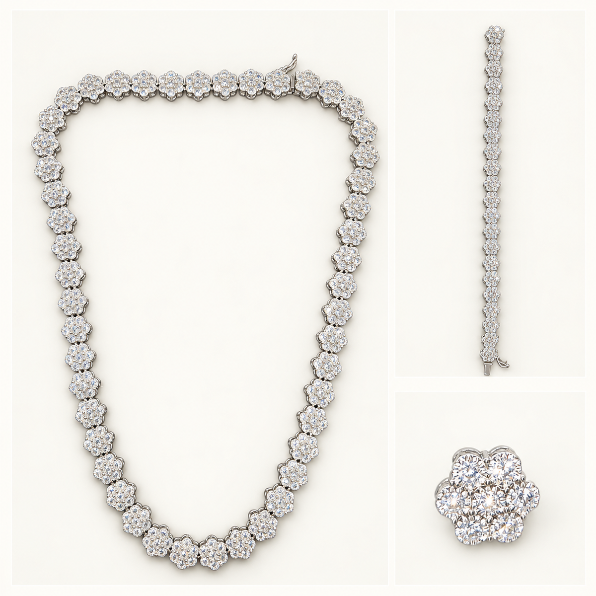 Silver Daisy necklace, bracelet and stud on neutral ivory studio background