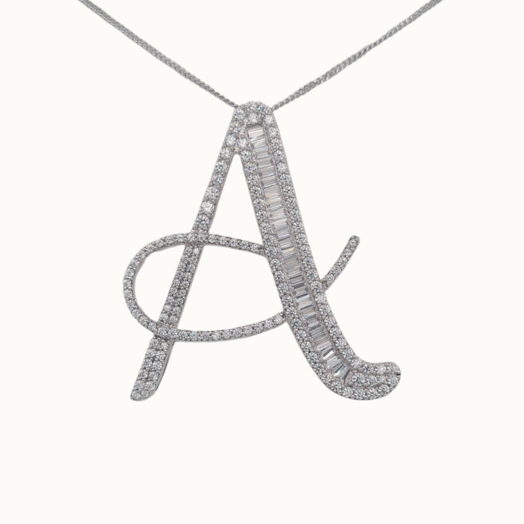 40mm Silver CZ Initial Pendant With Earrings