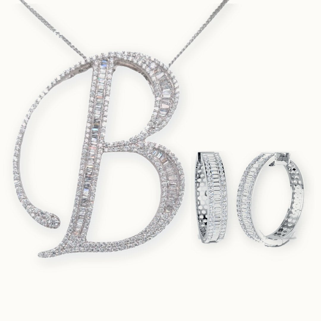 40mm silver CZ initial B pendant with large CZ hoop earrings