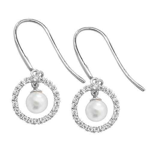 9ct White Gold CZ Circle And Dangle Pearl Drops - ES450W
