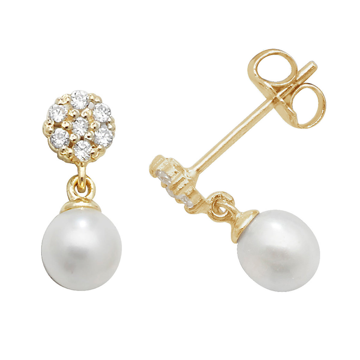 9ct Gold CZ Cluster With Dangle Pearl Drops - ES462