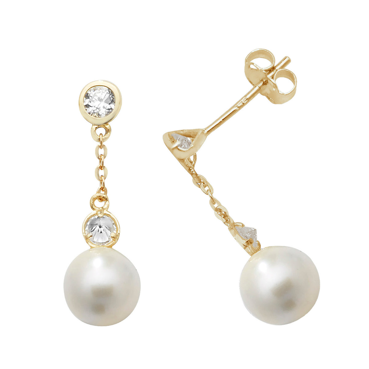 9ct Gold Double CZ Bezel And Pearl Chain Drops - ES465