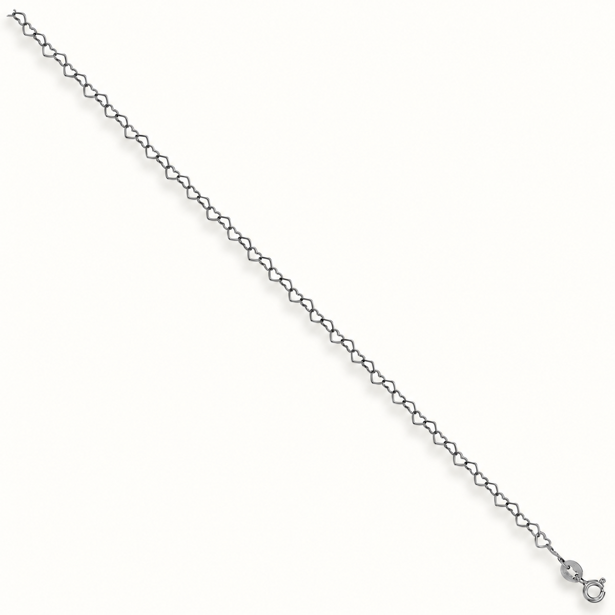 9ct white gold heart link anklet, 10 inch, pale ivory background