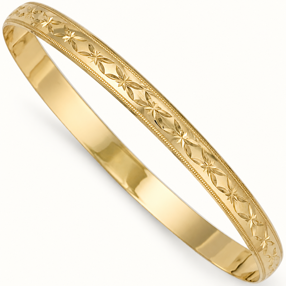 9ct Yellow Gold Floral Diamond-Cut D-Profile Bangle — 6mm