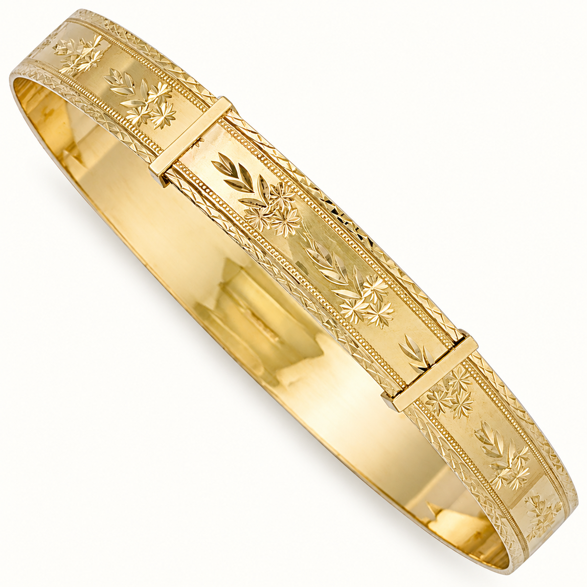 9ct Yellow Gold Floral Diamond-Cut Expandable Bangle — 9mm