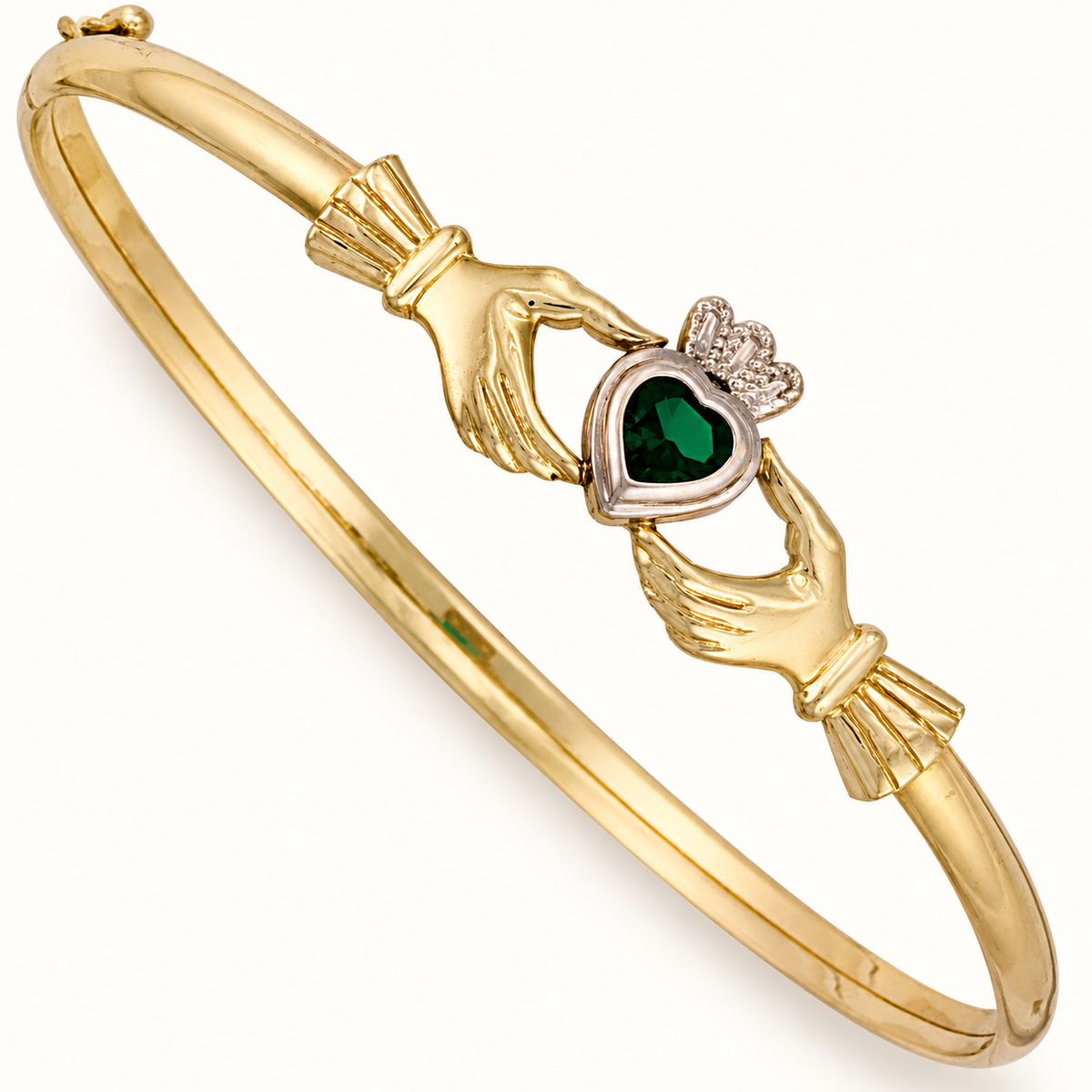 9ct Yellow Gold Green-Stone Claddagh Bangle