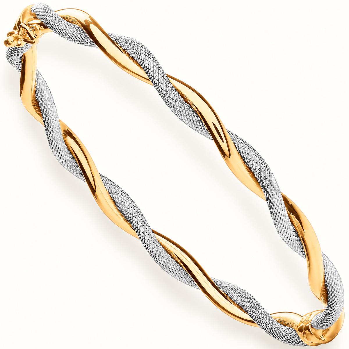 9ct Yellow and White Gold Polished and Mesh Twist Bangle — 5mm