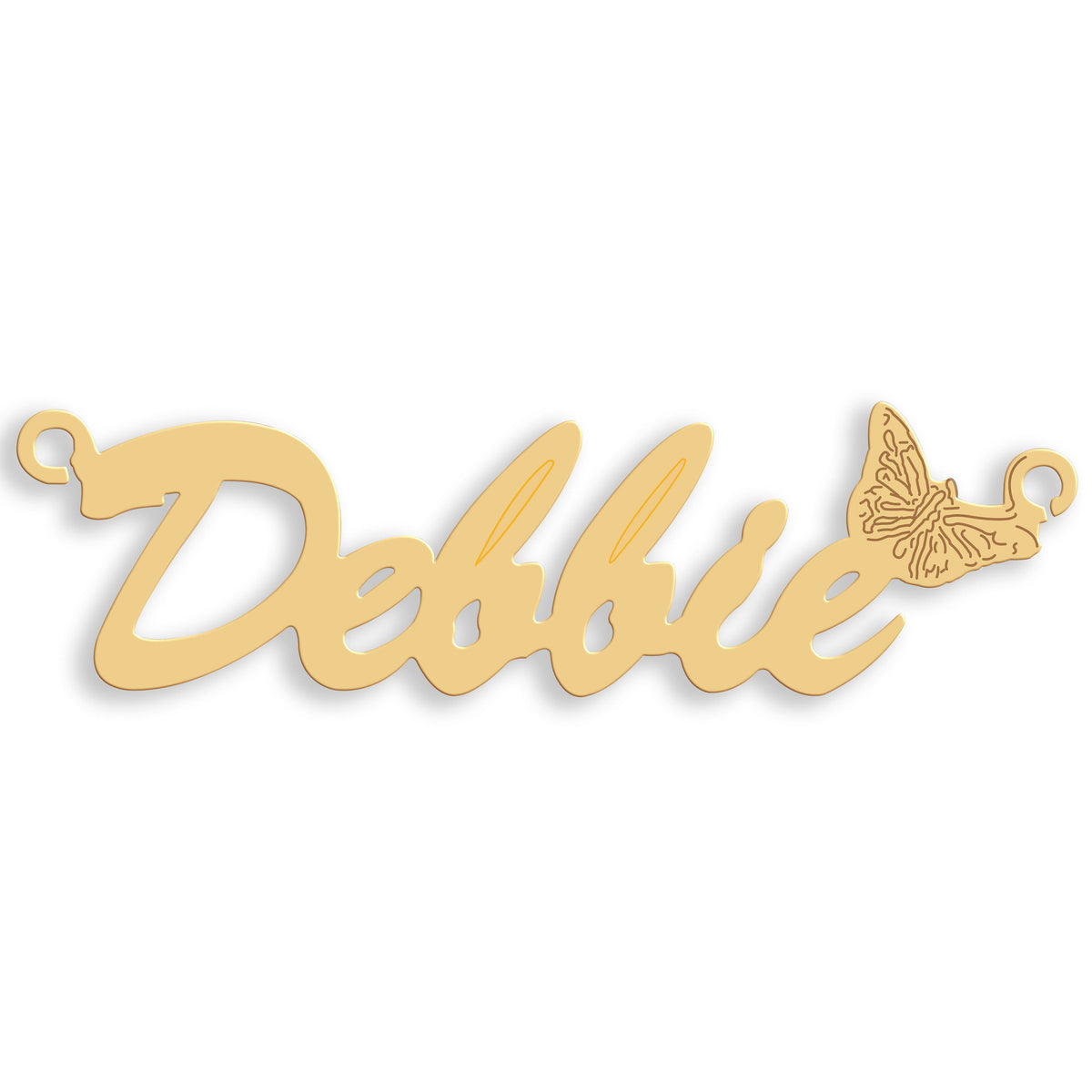 Script Butterfly nameplate in 9ct yellow gold showing the example name Debbie