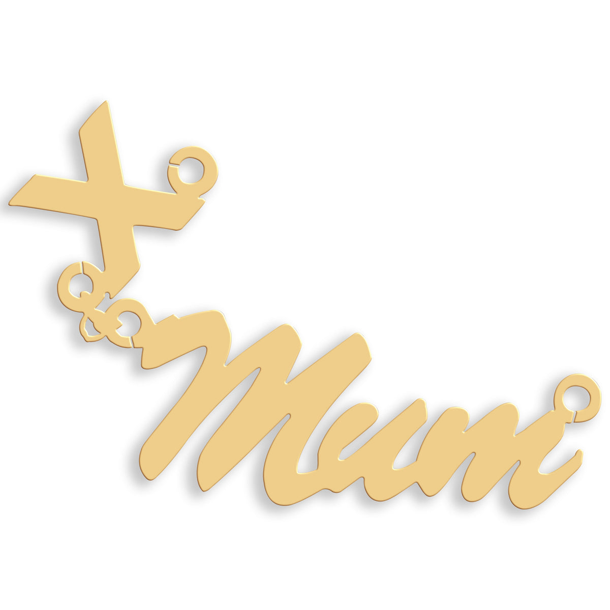 Script Floating Kiss nameplate in 9ct yellow gold showing the example name Mum