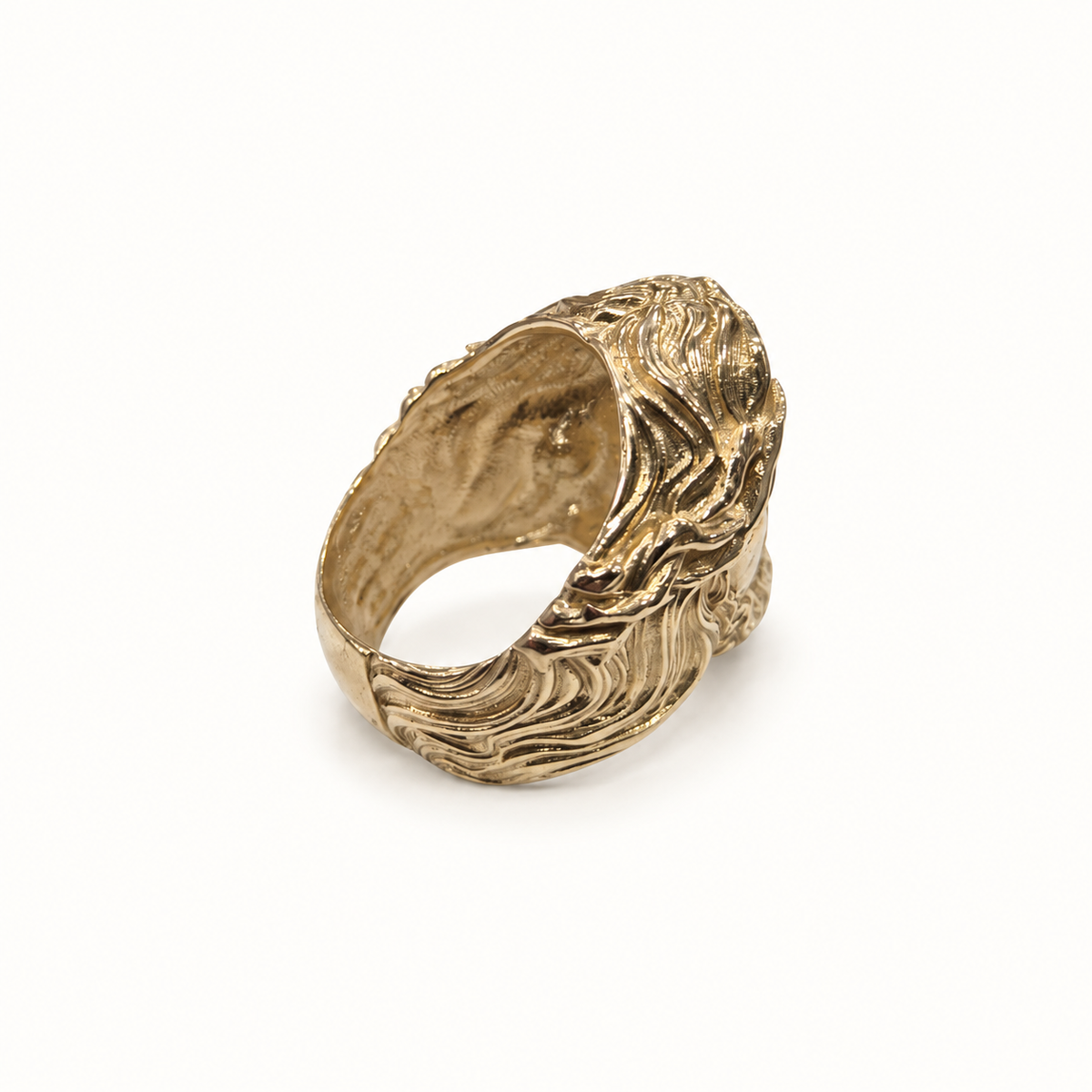 Men's 9ct yellow gold ring, rear view on ivory