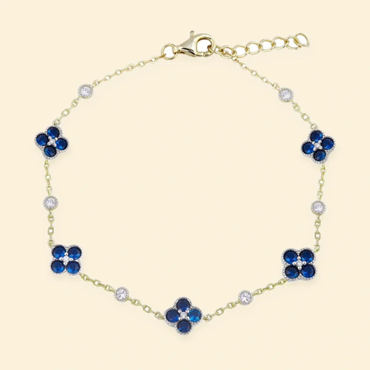 Gold Plated Sterling Silver CZ Set Clover Bracelet Blue – ABB225B